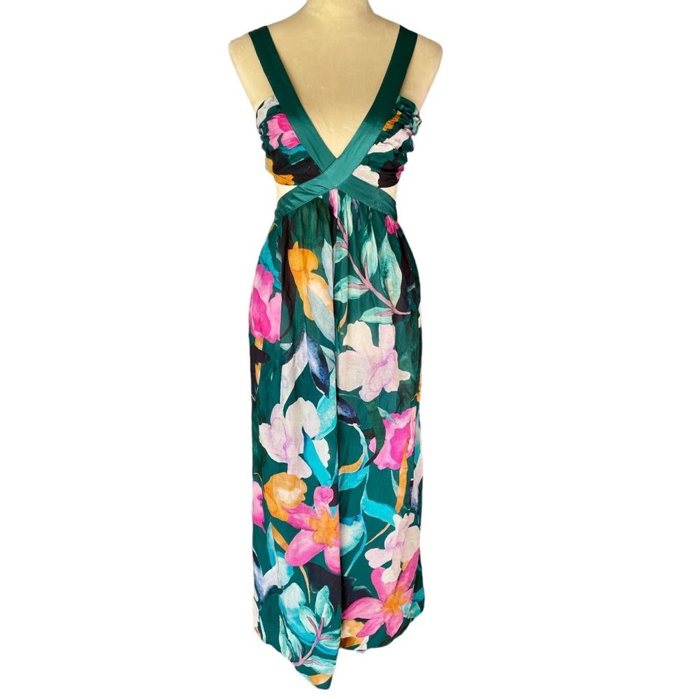 Anthropologie Teal Floral Cutout Maxi Jumpsuit - Picture 2 of 9